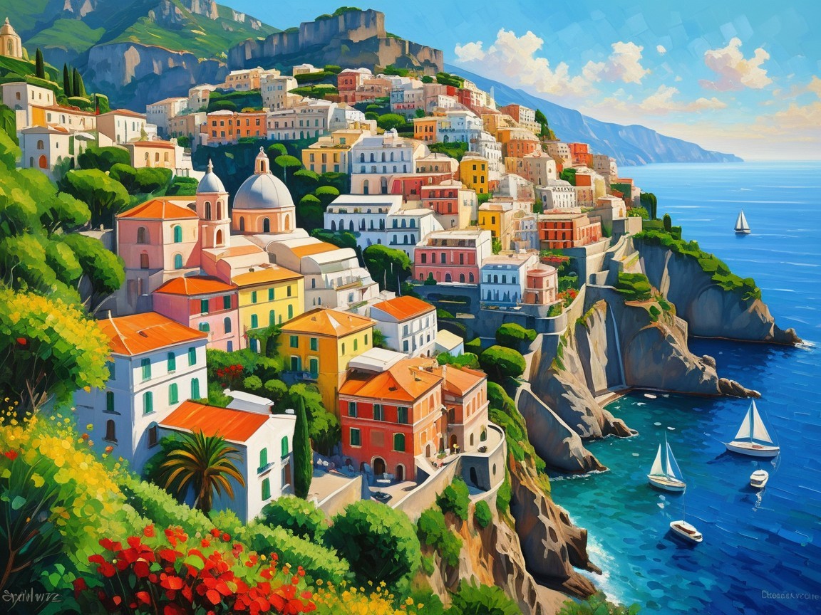 Coastal Village with Colorful Houses and Blue Sea