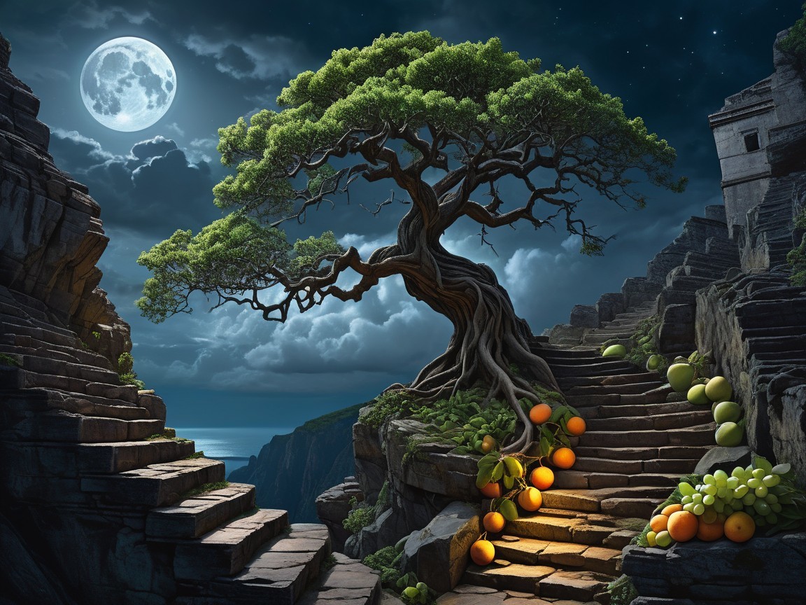 Majestic tree and stone steps under a full moon