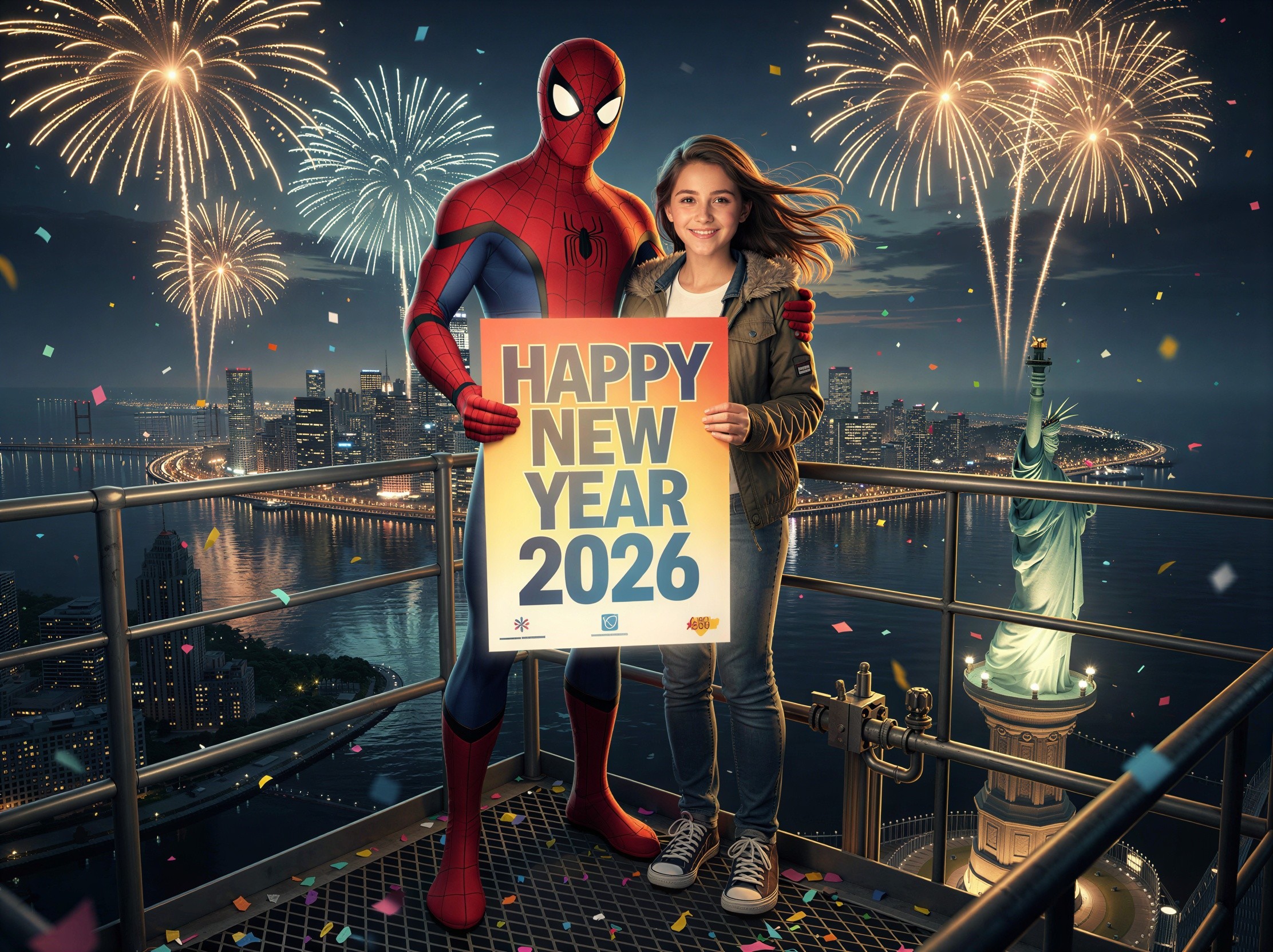 Anime depiction of Spider-Man and girl with NYC skyline