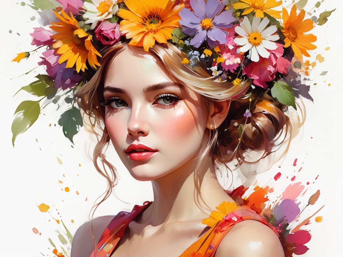 Watercolor and Oil Painting of a Young Woman with Flowers