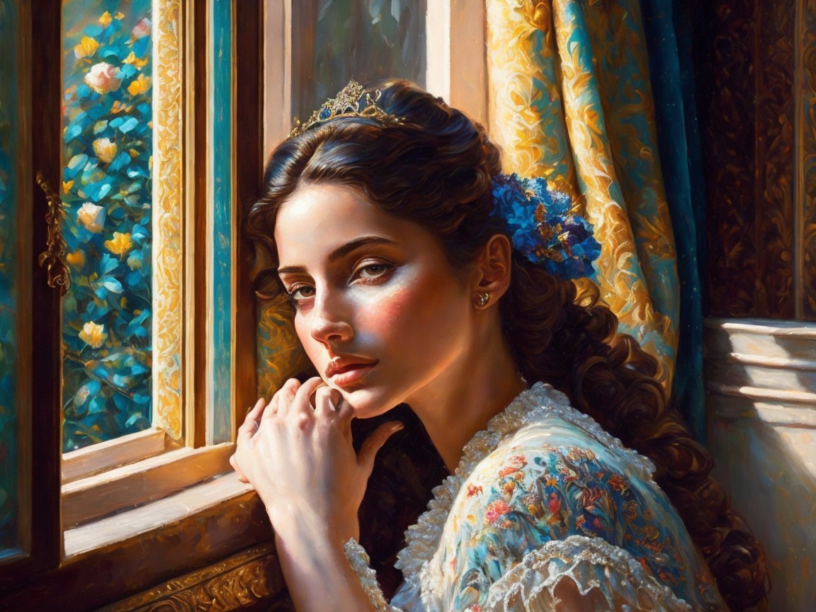 Young Woman in Elegant Window with Floral Dress
