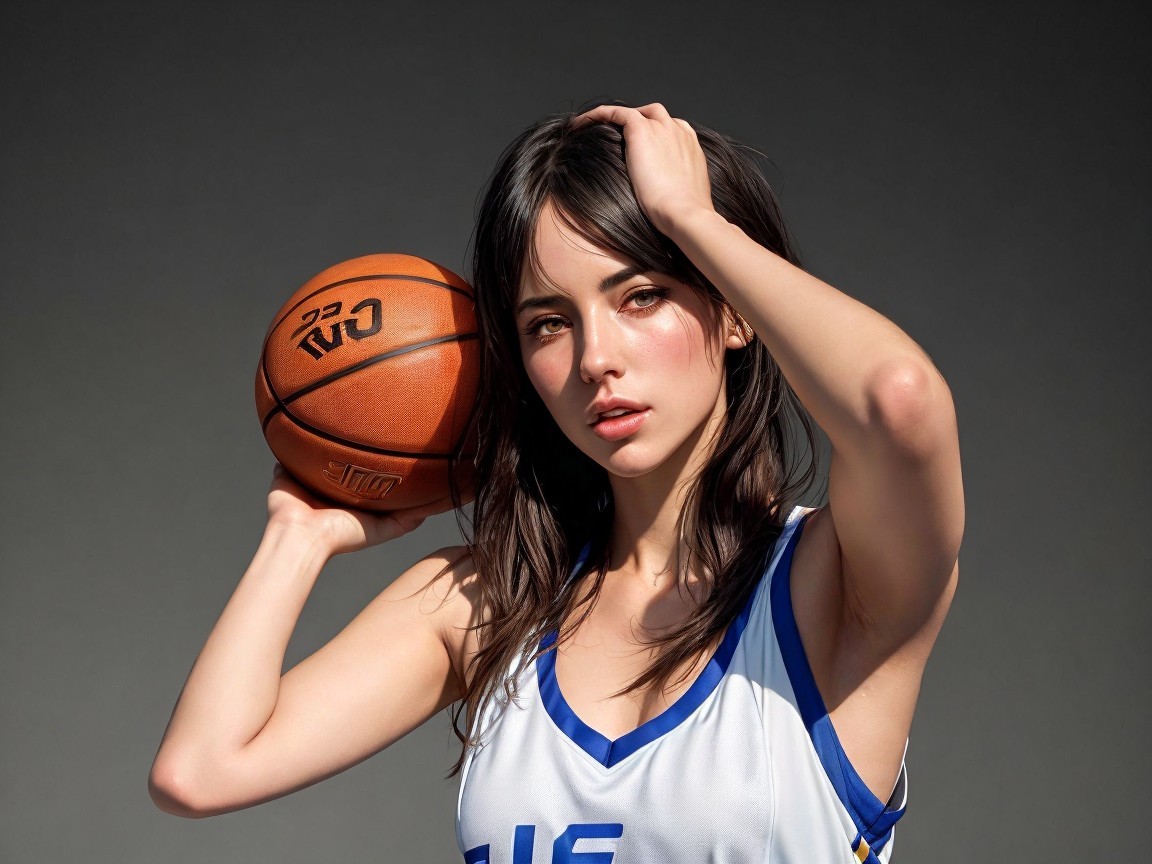 Young woman in athletic jersey holding basketball