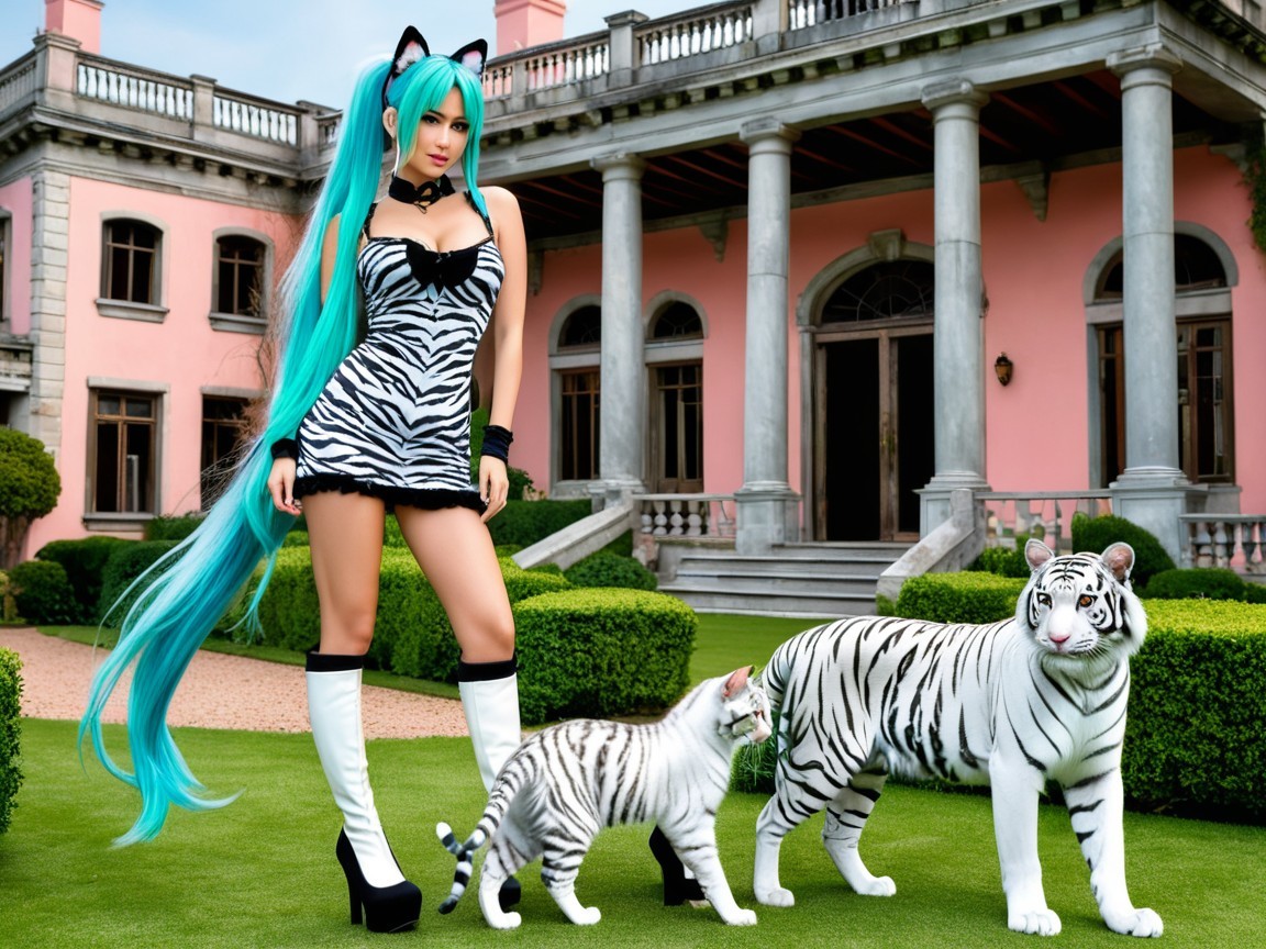 Model with Turquoise Hair and Zebra Outfit in Mansion