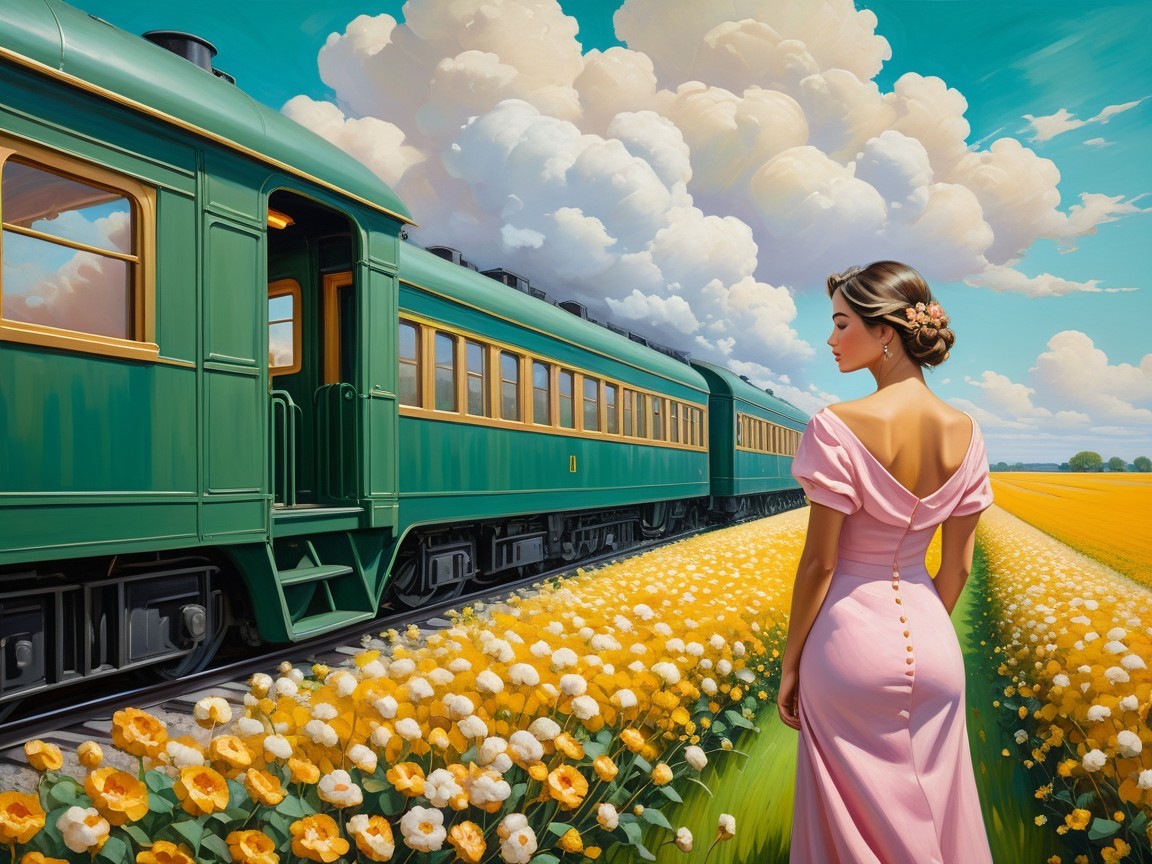 Woman in Pink Dress in Flower Field with Train