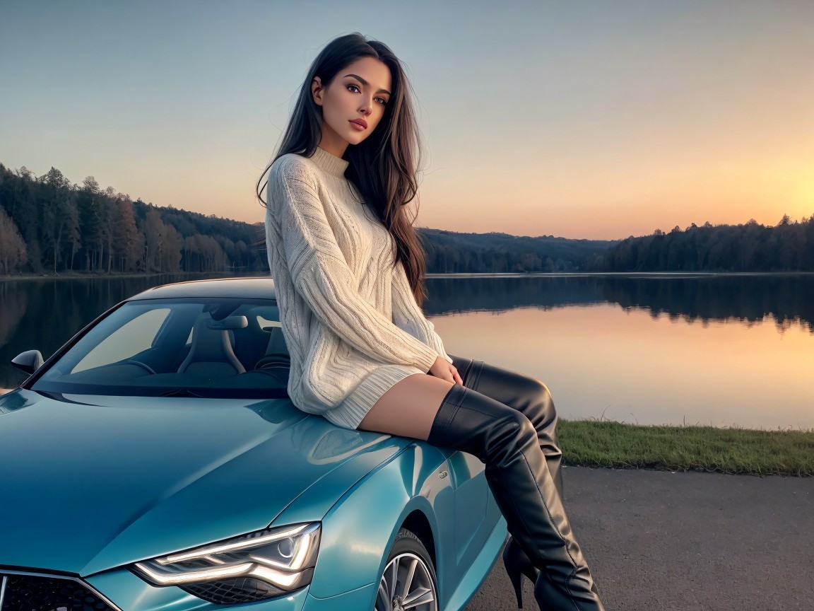 Young woman in white sweater by serene lake at sunset