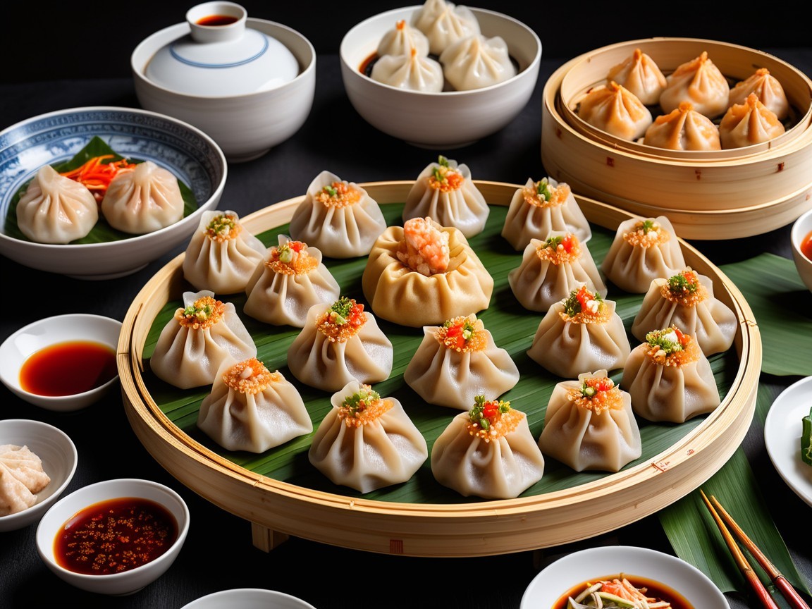 Display of Dumplings in Bamboo Steamer and Bowls