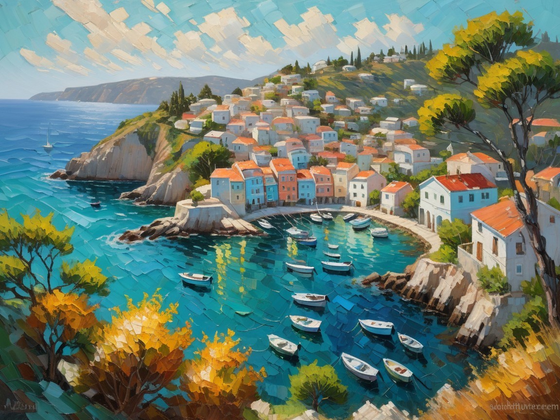 Vibrant Coastal Village with Colorful Houses and Bay