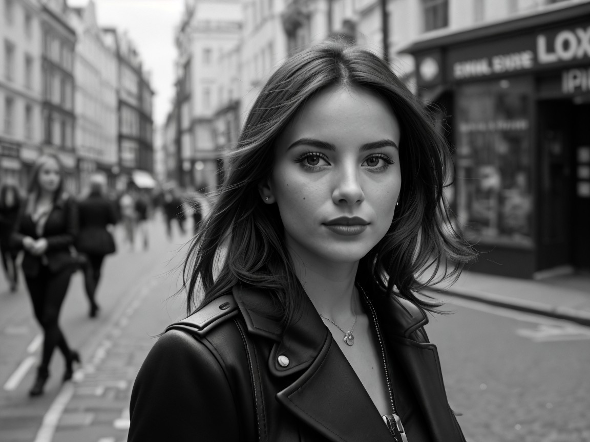 Young Woman in Leather Jacket in Urban Black-and-White Photo