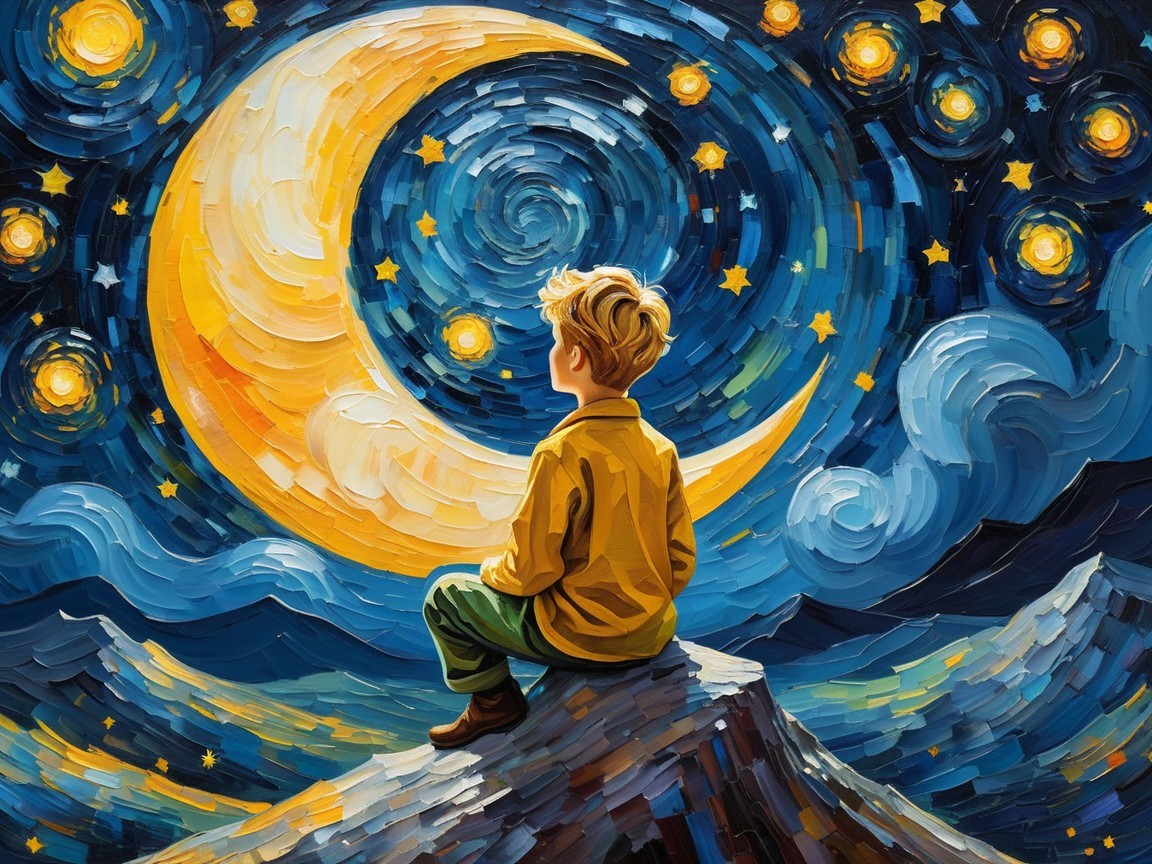 Young boy on rocky peak under starry night sky
