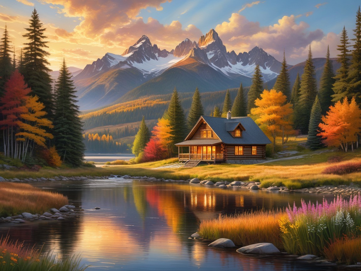 Cabin by Tranquil Lake Surrounded by Autumn Foliage