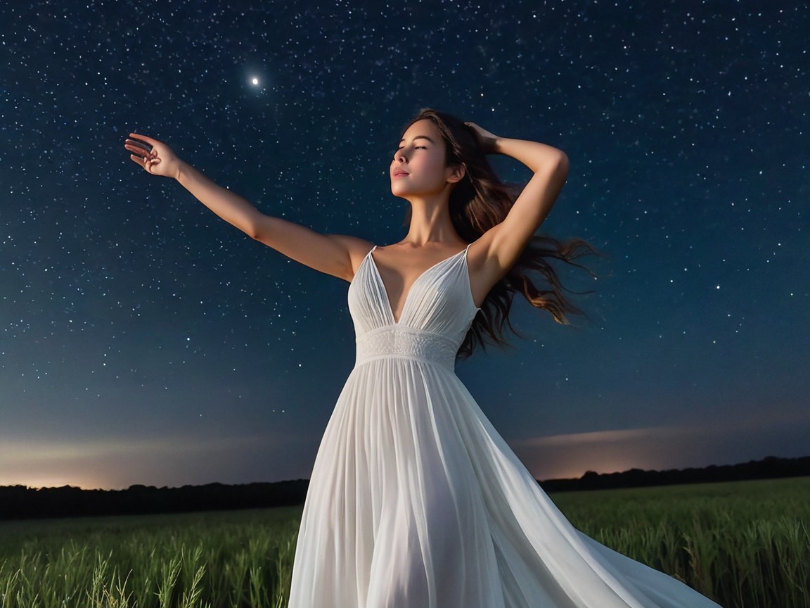 Woman in White Dress in Starry Night Field