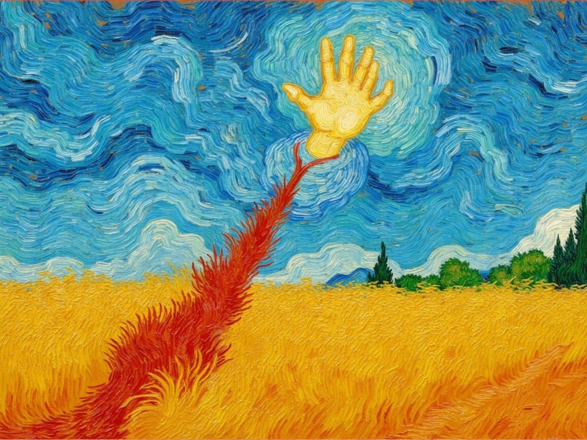 Vivid Landscape with Wheat Fields and Stylized Hand