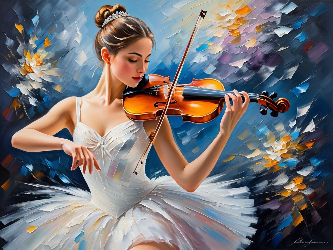 Ballerina in Tutu Playing Violin with Colorful Background