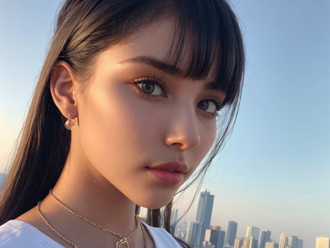 Young woman with black hair and city skyline background