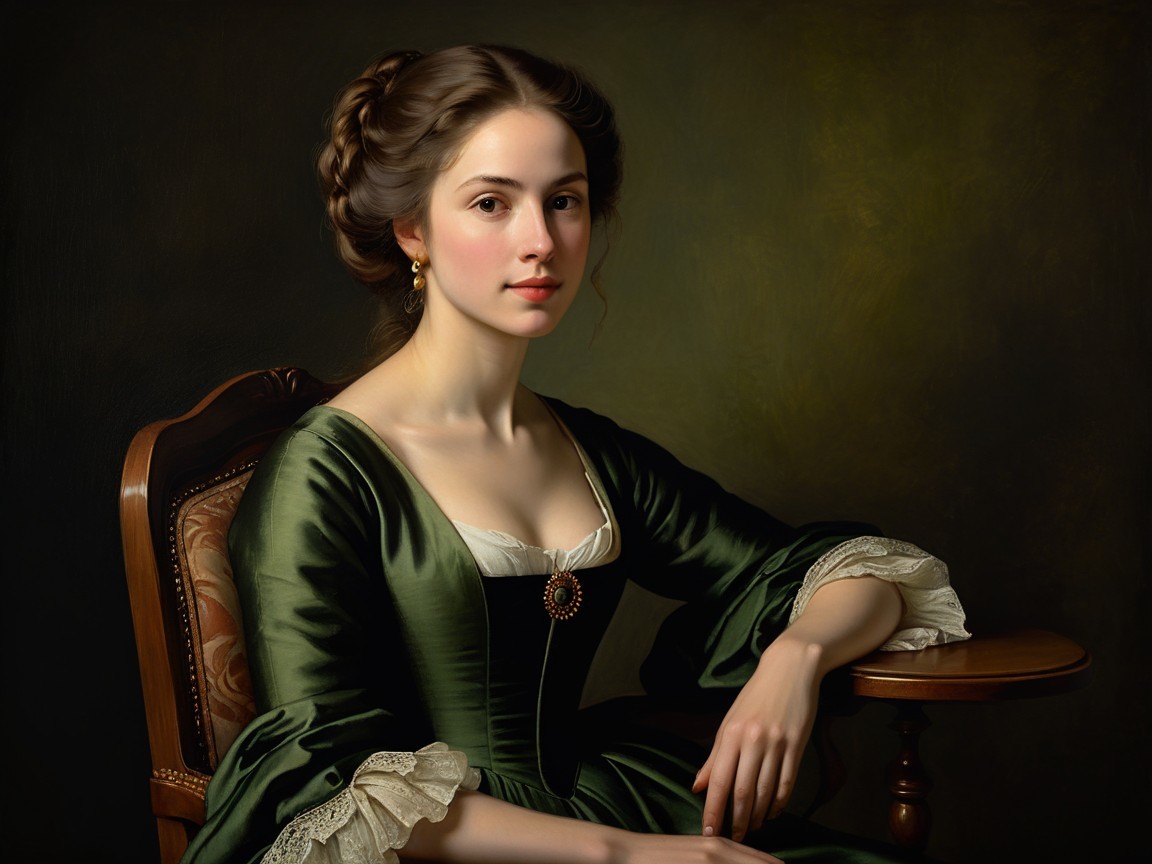 Portrait of a Young Woman in Elegant Green Gown