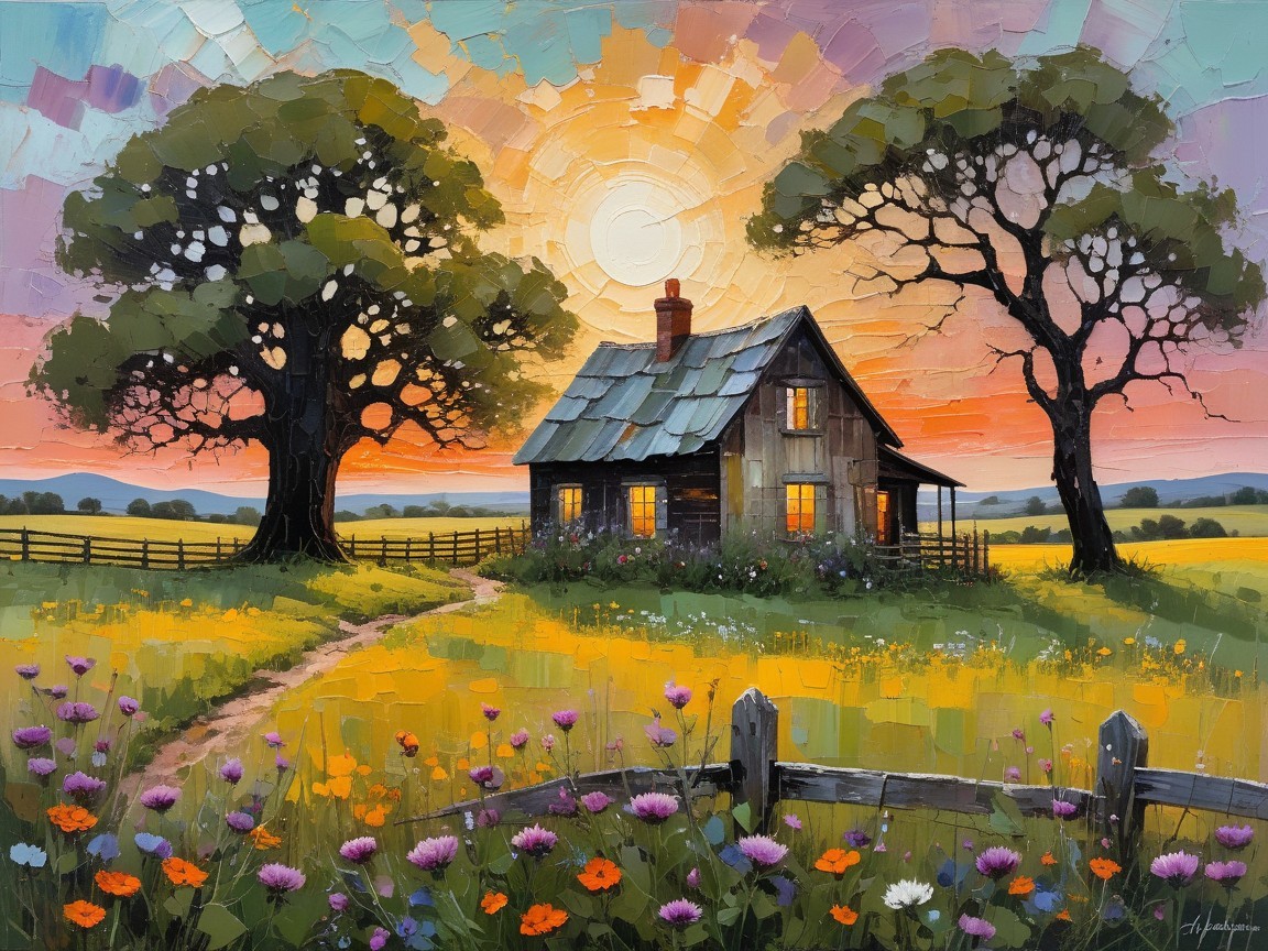 Charming Countryside Scene with Sunset and Wildflowers