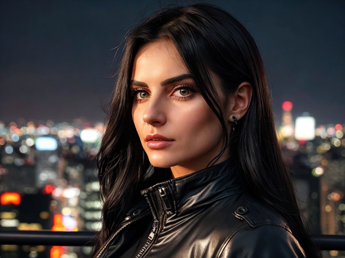 Woman in Black Leather Jacket Against City Lights