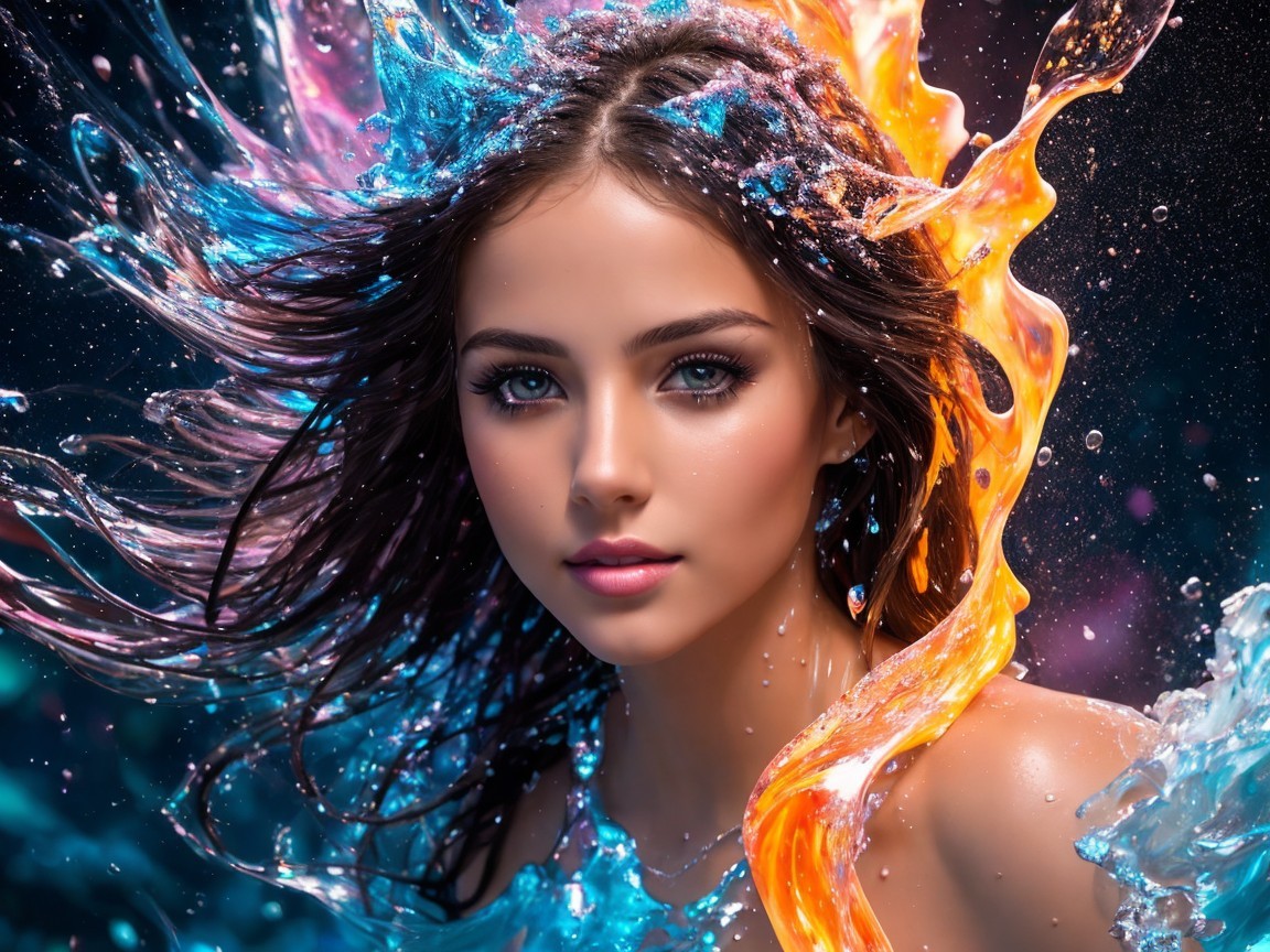 Young woman amidst water splashes and orange flames