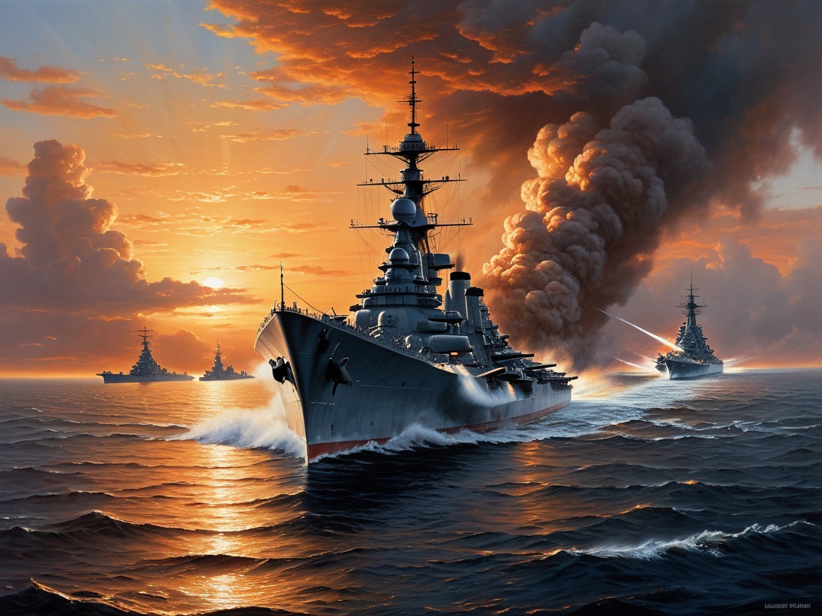 Dramatic Naval Scene with Battleships at Sunset
