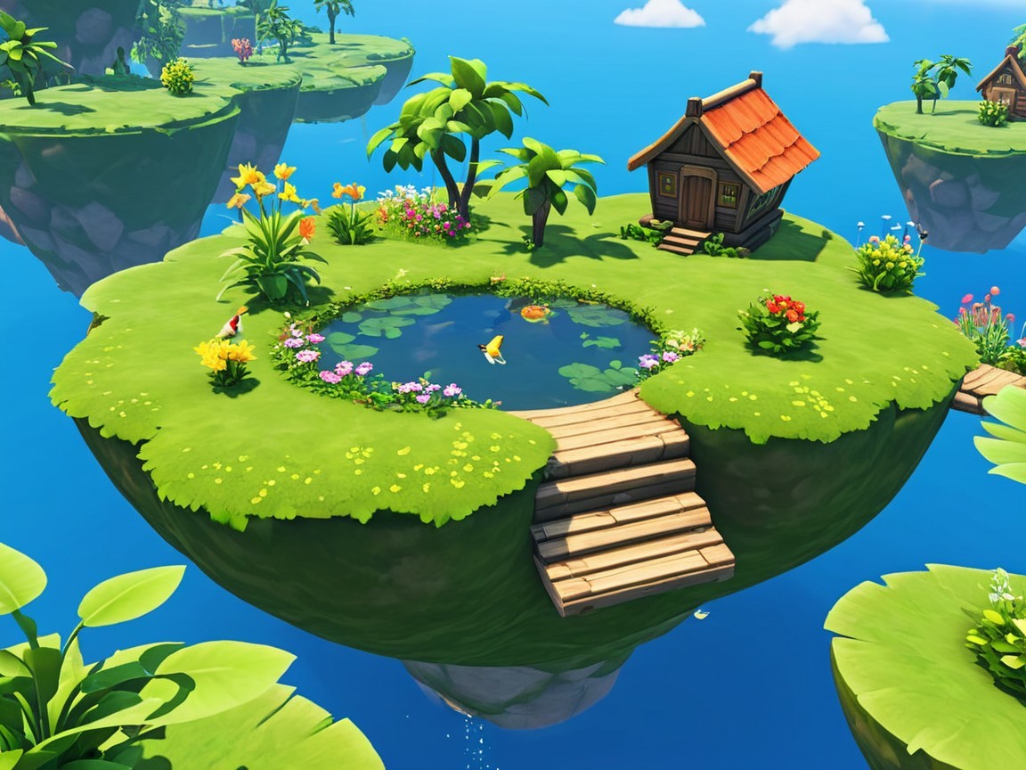 Whimsical Floating Island with Quaint House and Pond
