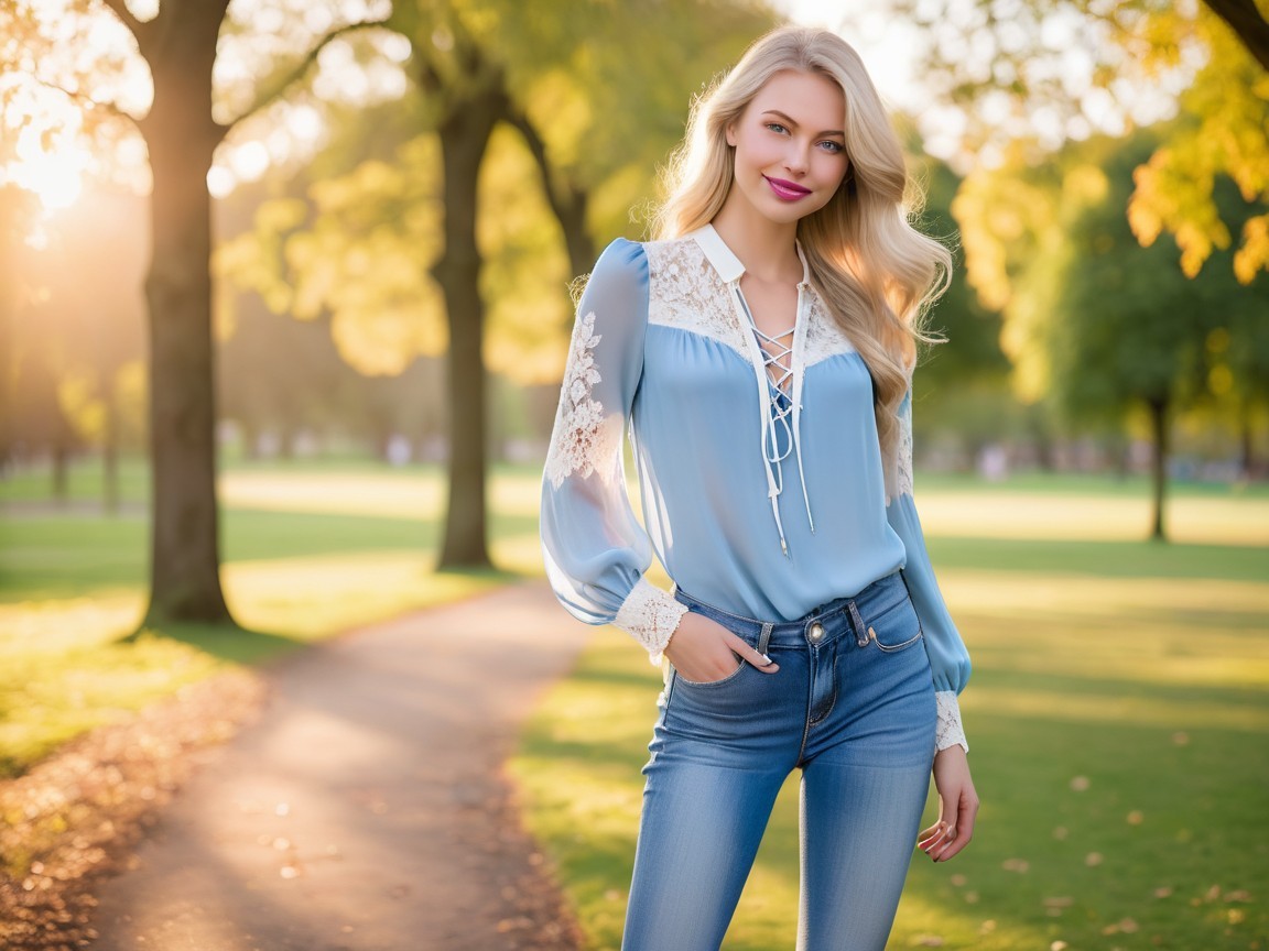 Young woman in park with autumn backdrop and sunlight