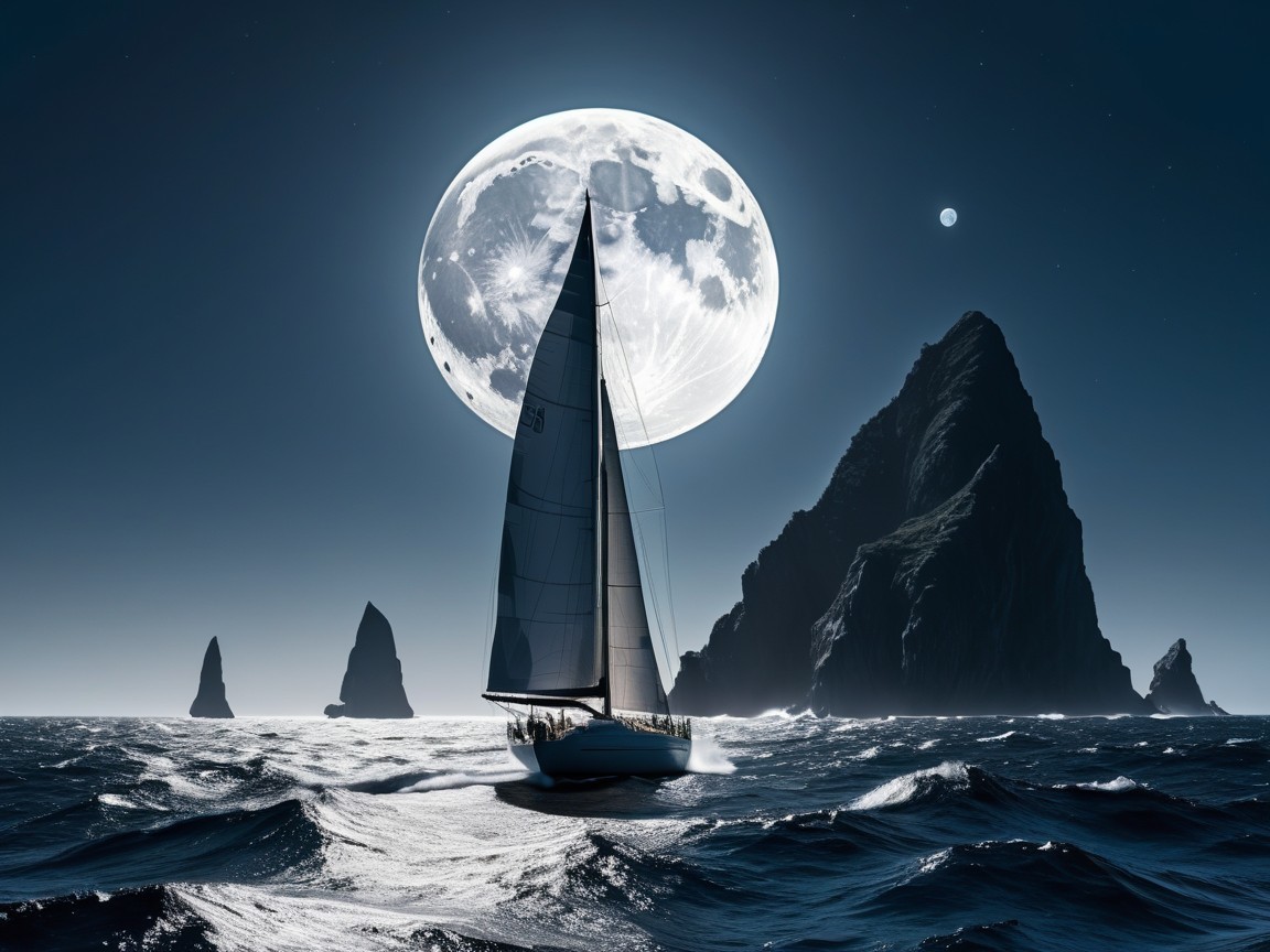 Sailboat on Blue Waters Under Full Moonlight