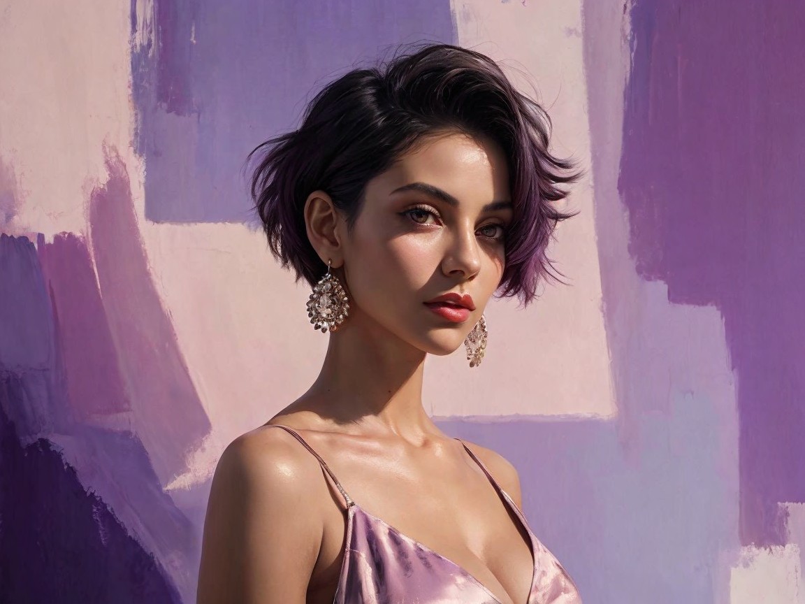 Stylish Woman in Elegant Dress Against Purple Background