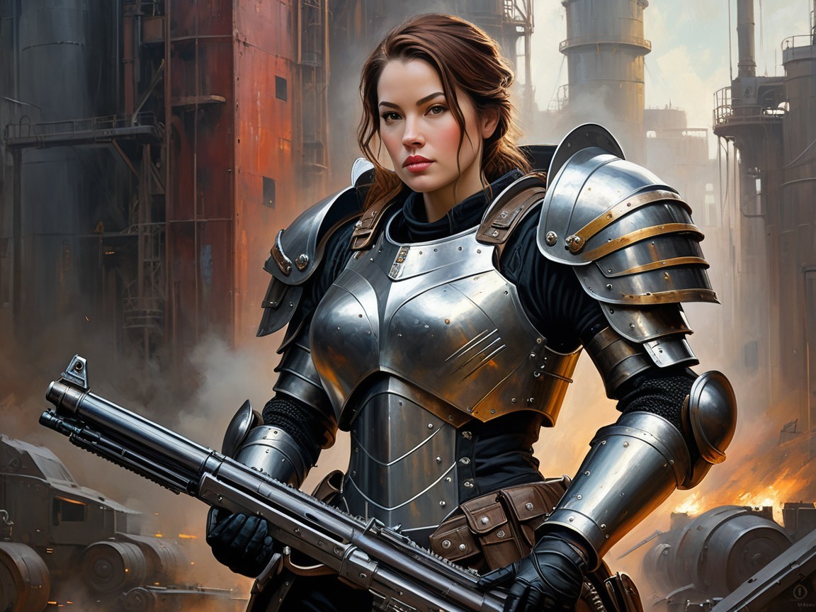 Fierce Warrior in Dystopian Landscape with Futuristic Weapon