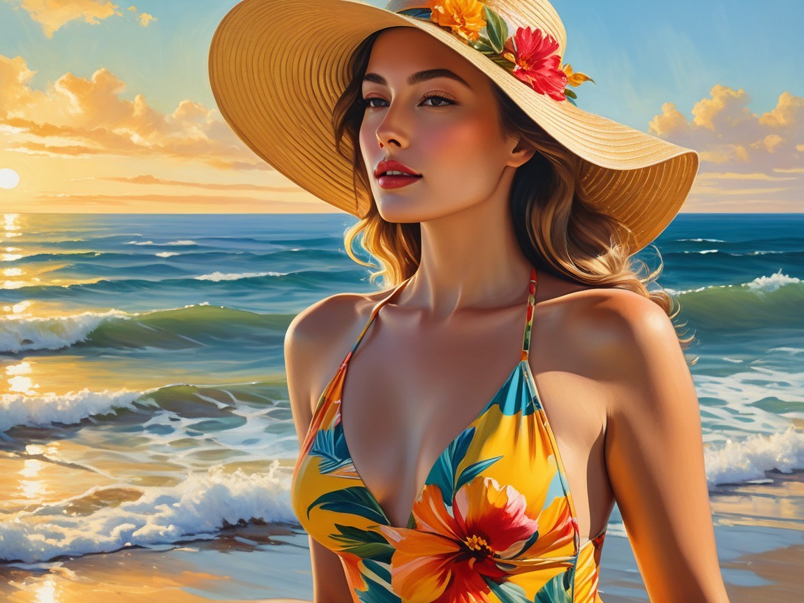 Young Woman by Ocean at Sunset in Floral Swimsuit