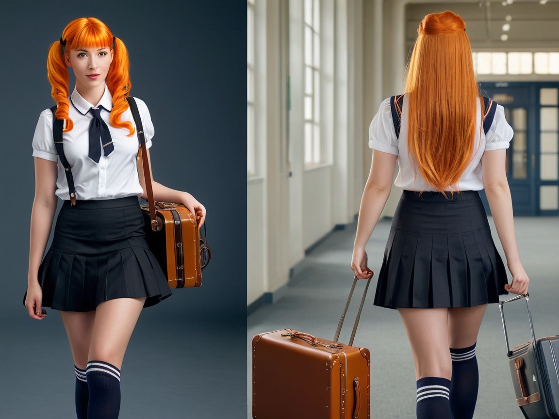 Stylish Young Woman with Orange Hair in Hallway