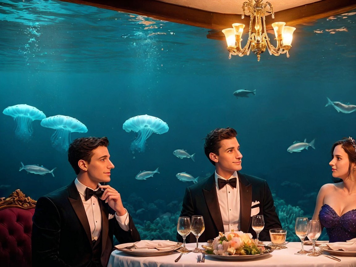 Underwater Dining Scene with Elegant Decor and Wildlife
