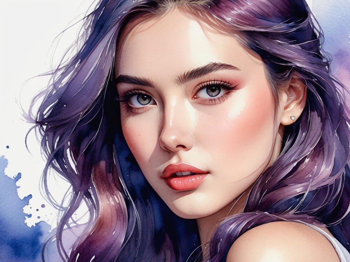 Portrait of a Young Woman with Purple Hair and Blue Eyes