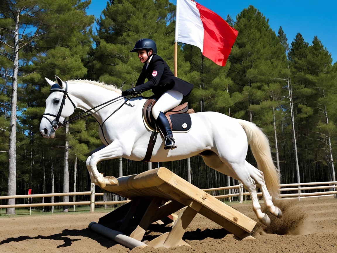 Rider Jumps Wooden Obstacle on White Horse Outdoors