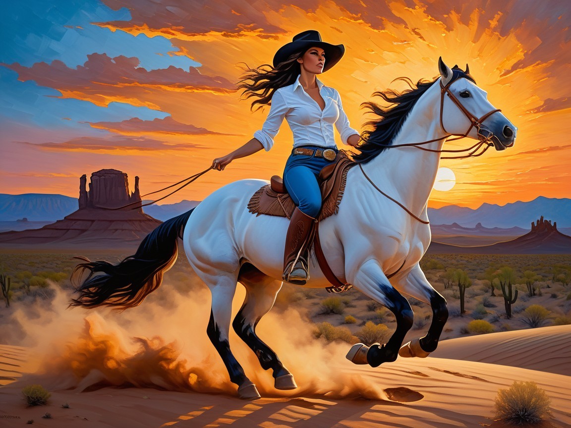 Woman on white horse in desert at sunset