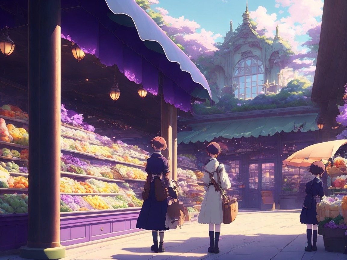 Children in a Colorful Market Surrounded by Nature