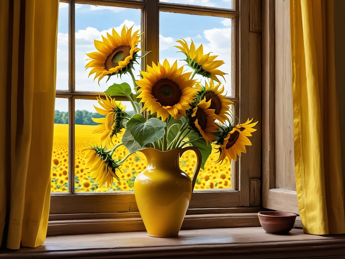 Sunflowers in a Yellow Vase on a Wooden Windowsill