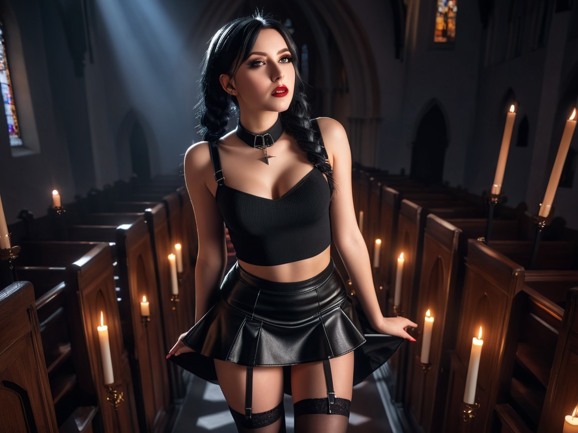 Young Woman in Gothic Church with Flickering Candles