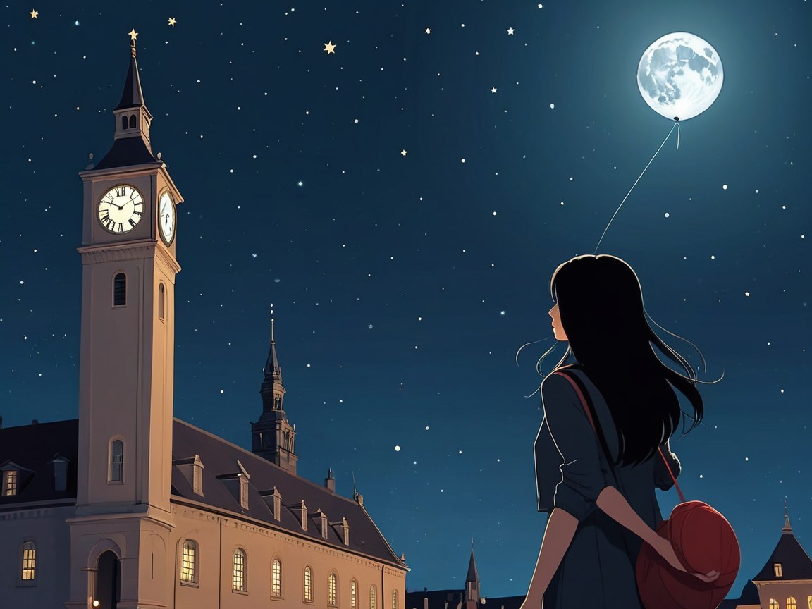 Young Woman with Balloon Under Starry Night Sky