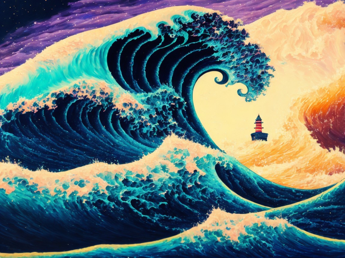 Vibrant Seascape with Waves and Lighthouse at Sunset