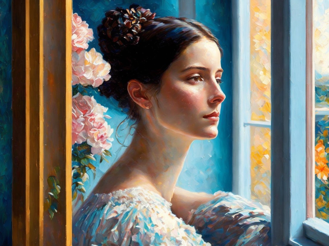 Portrait of a Young Woman by a Flower-Framed Window