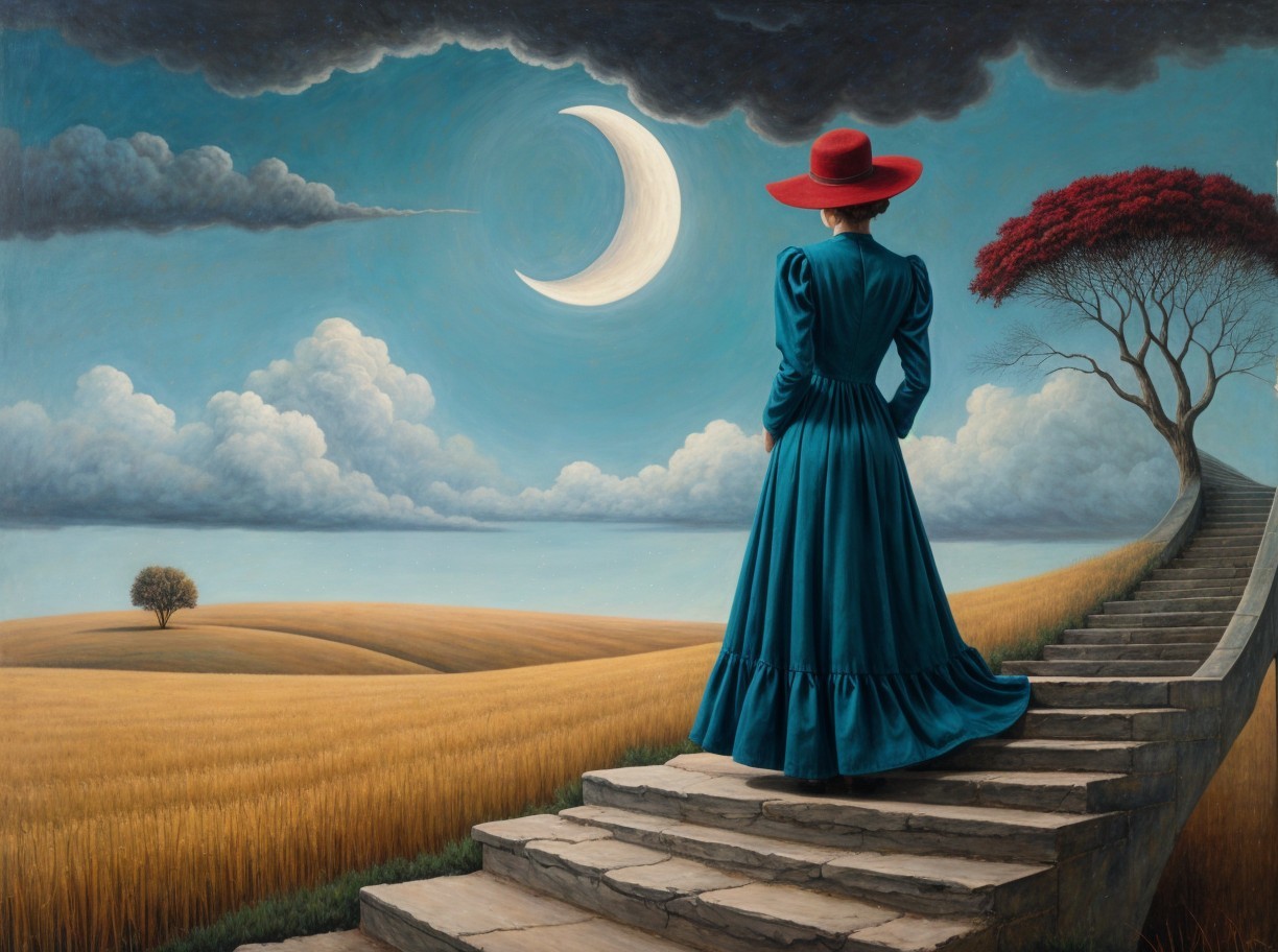 Woman in Teal Dress on Staircase Under Crescent Moon
