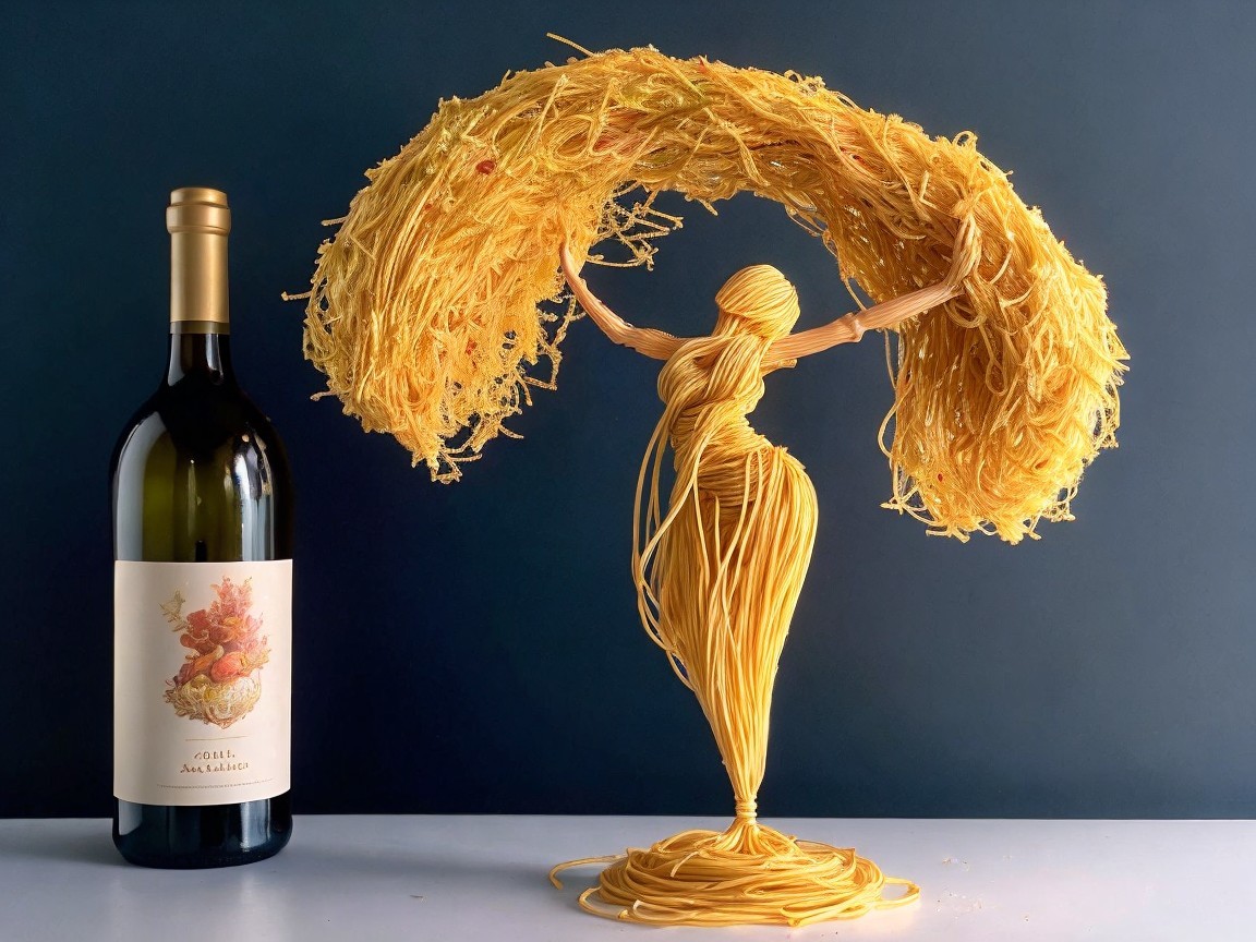 White Wine Bottle and Spaghetti Sculpture Display