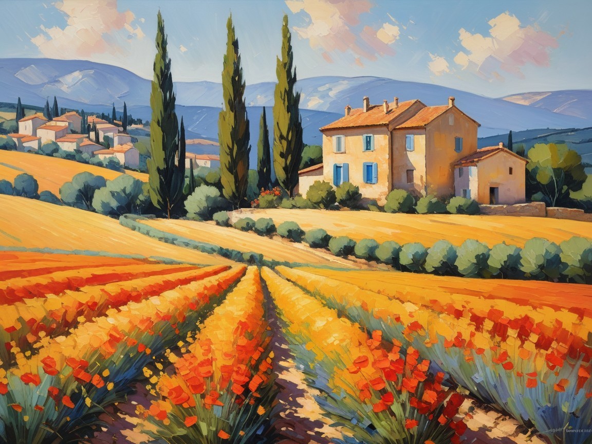 Vibrant Countryside Scene with Flowers and Yellow House