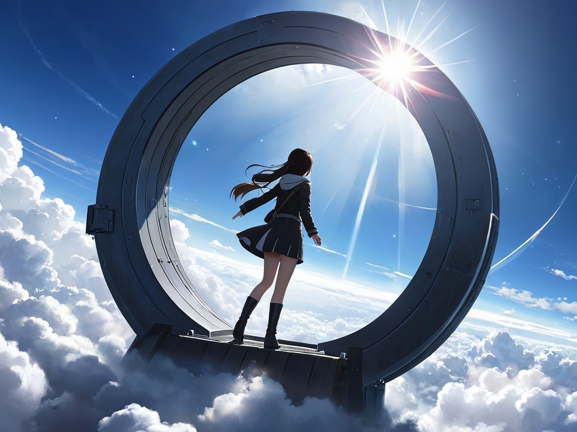 Girl in School Uniform by Futuristic Circular Portal