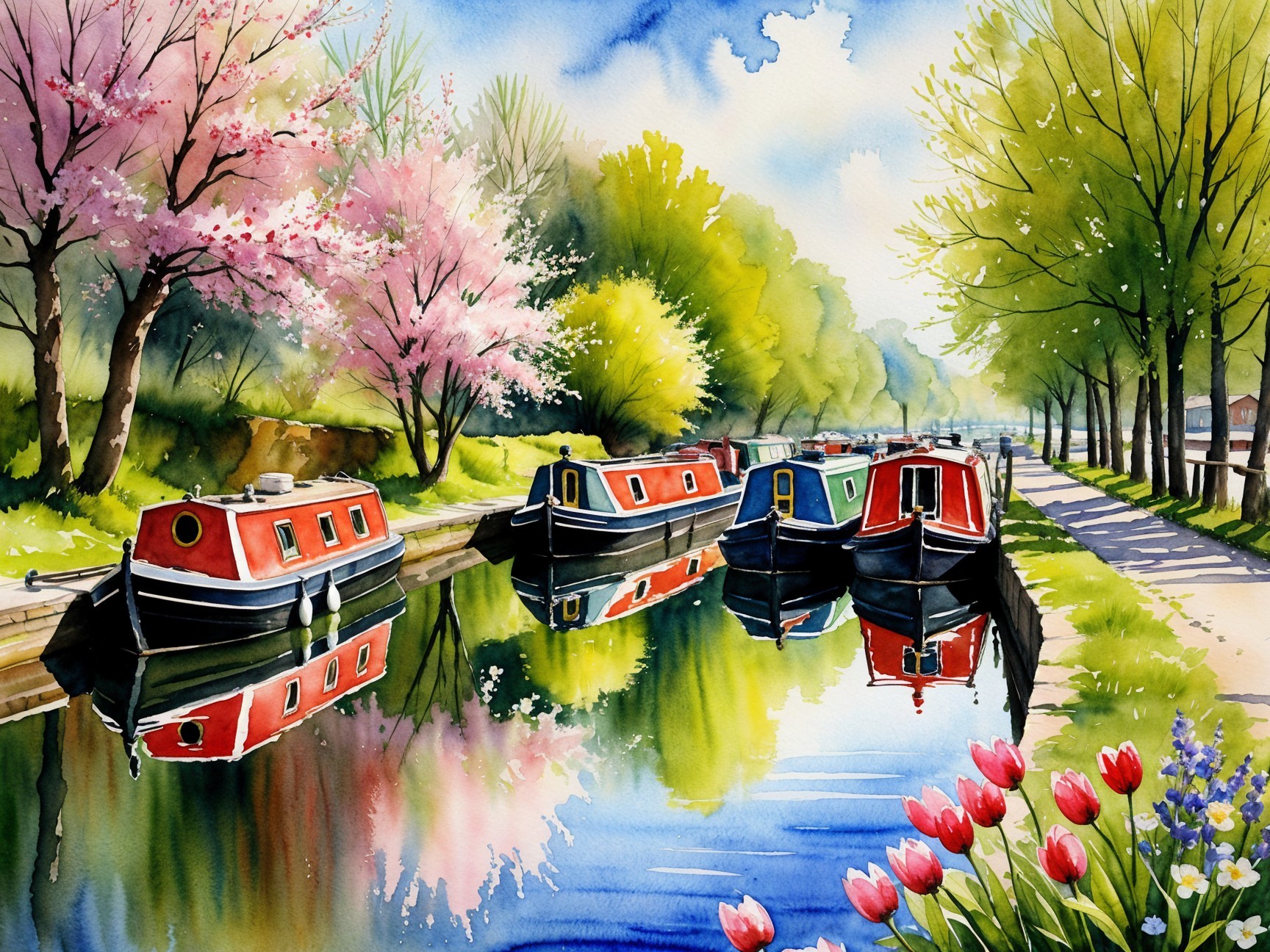 Tranquil Canal Scene with Colorful Narrowboats