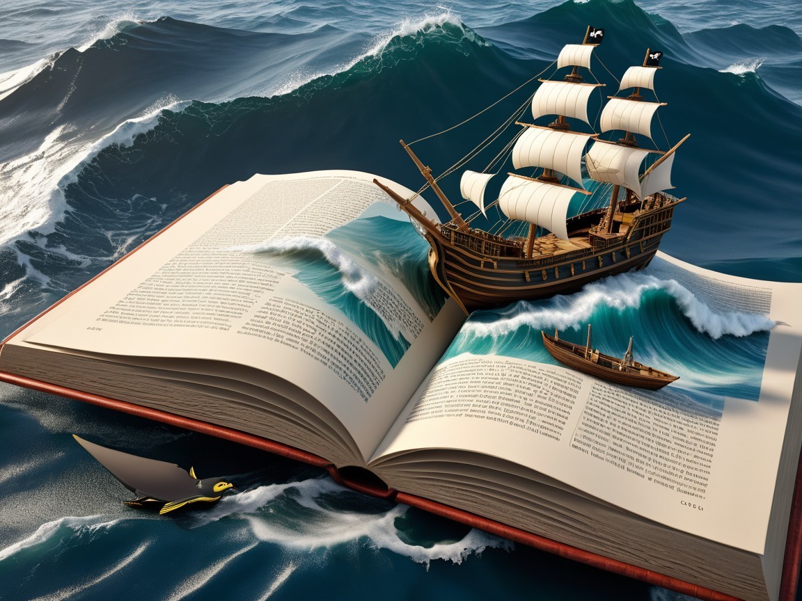 Open Book with Waves and Sailing Ship Illustration