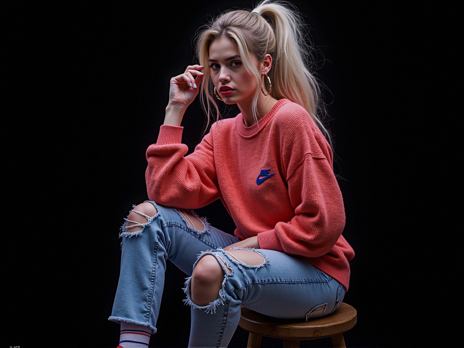 Young woman in coral sweatshirt and light jeans against black
