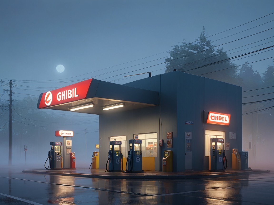 Foggy Gas Station Scene with Bright Signage and Moonlight