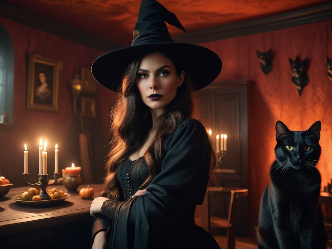 Halloween Scene with Witch, Cat, and Candlelight