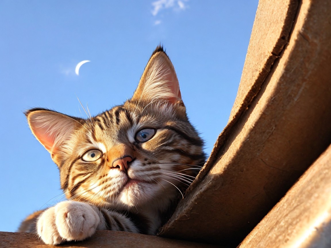 Close-up of a playful tabby cat with blue eyes